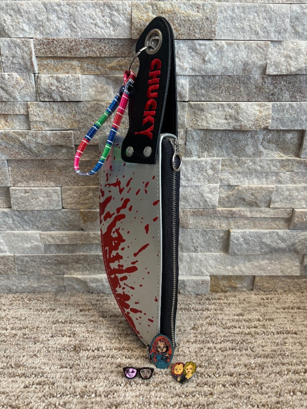 Chucky Knife Shaped Wristlet Bag And Enamel Pin Lot